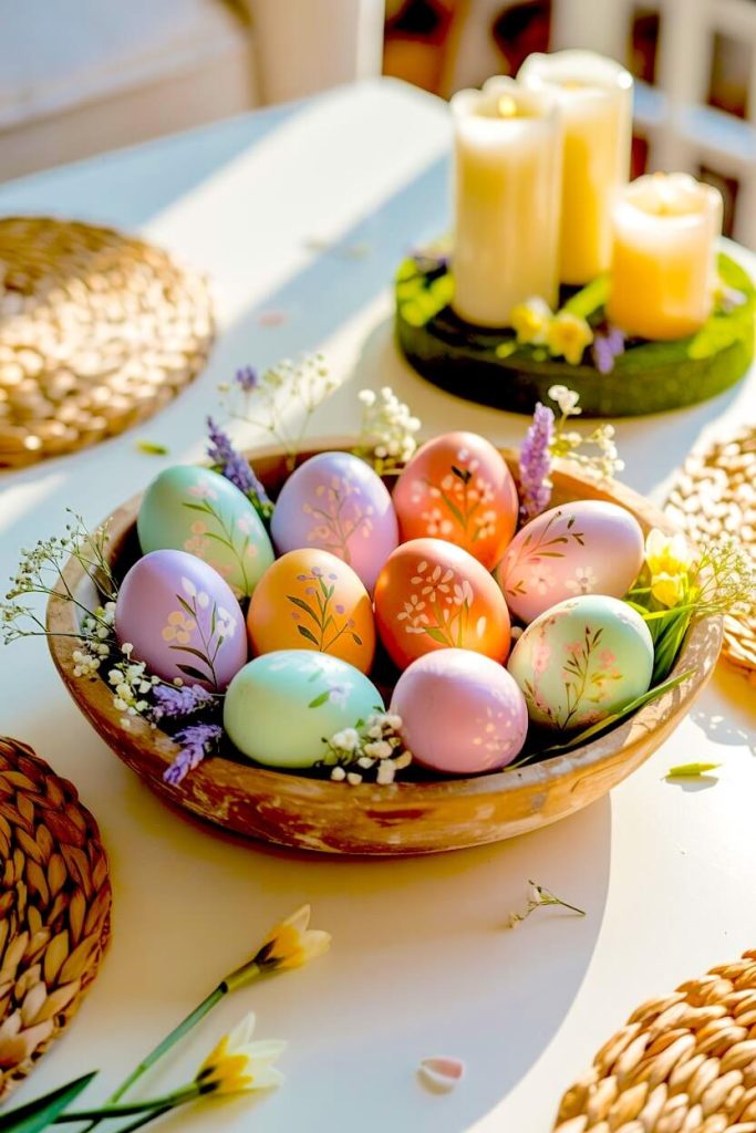 A colorful Easter dough bowl centerpiece idea displaying beautifully hand-painted pastel eggs with floral motifs in a round wooden bowl.
