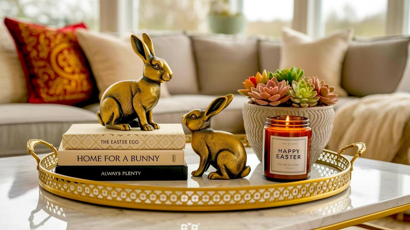 Antique bronze bunny figurines on stacked books beside a potted succulent and amber candle for elegant Easter tray inspiration.