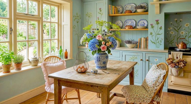 Sunlit kitchen features blue cabinetry with thistle motifs and rustic wood table with wire egg basket for country cottage dining inspiration.