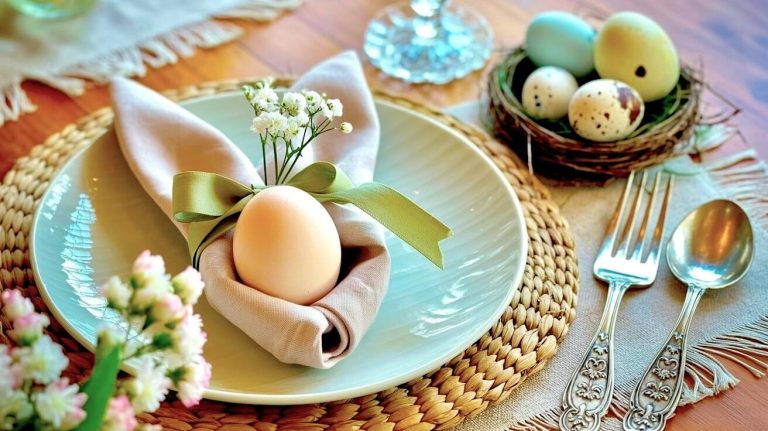 A dining plate features an egg wrapped in a beige napkin shaped like bunny ears sharing easter home decor ideas.