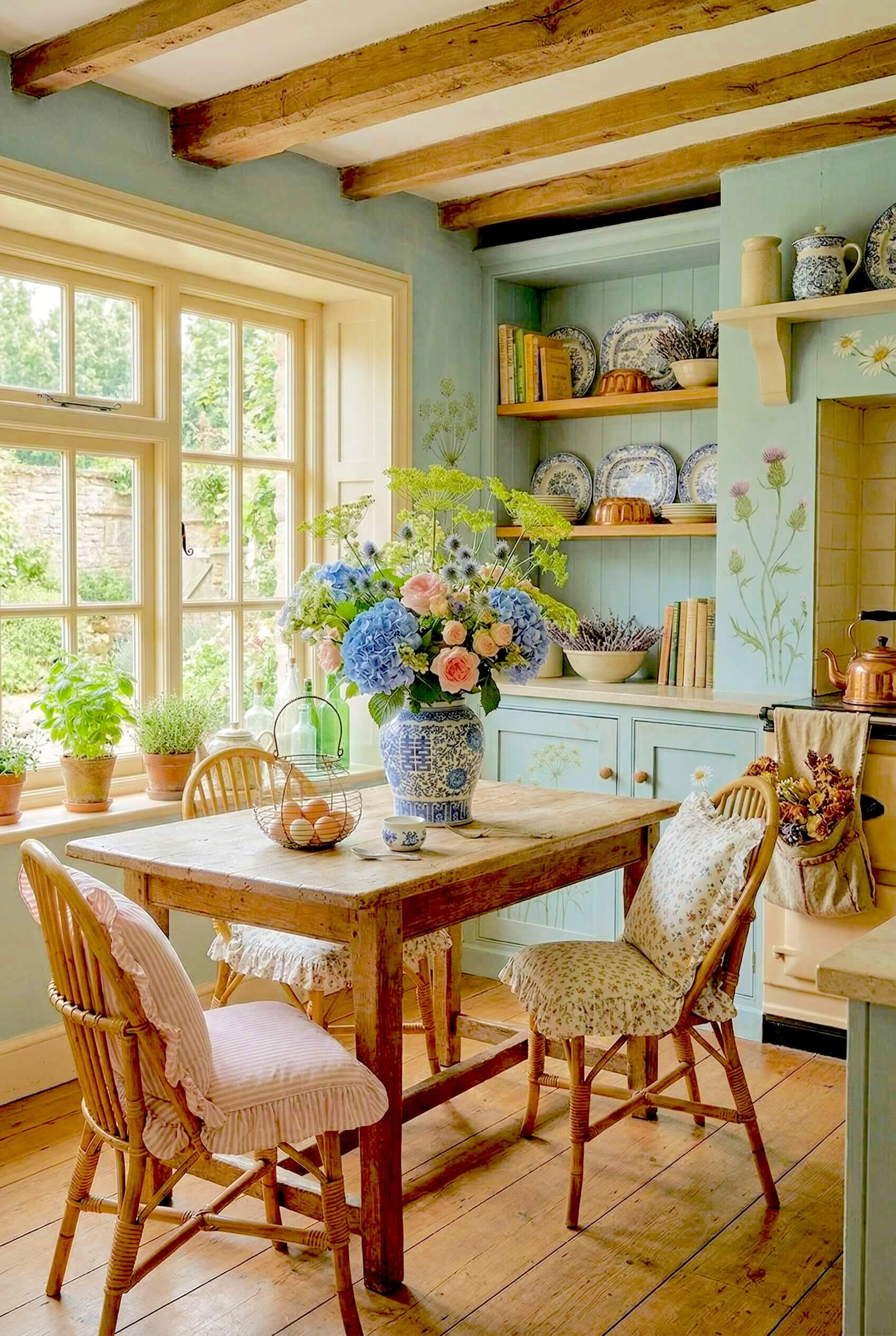 Weathered wood table sits under exposed beams with blue hydrangeas in ginger jar and striped cushions for cottagecore dining room decor ideas.