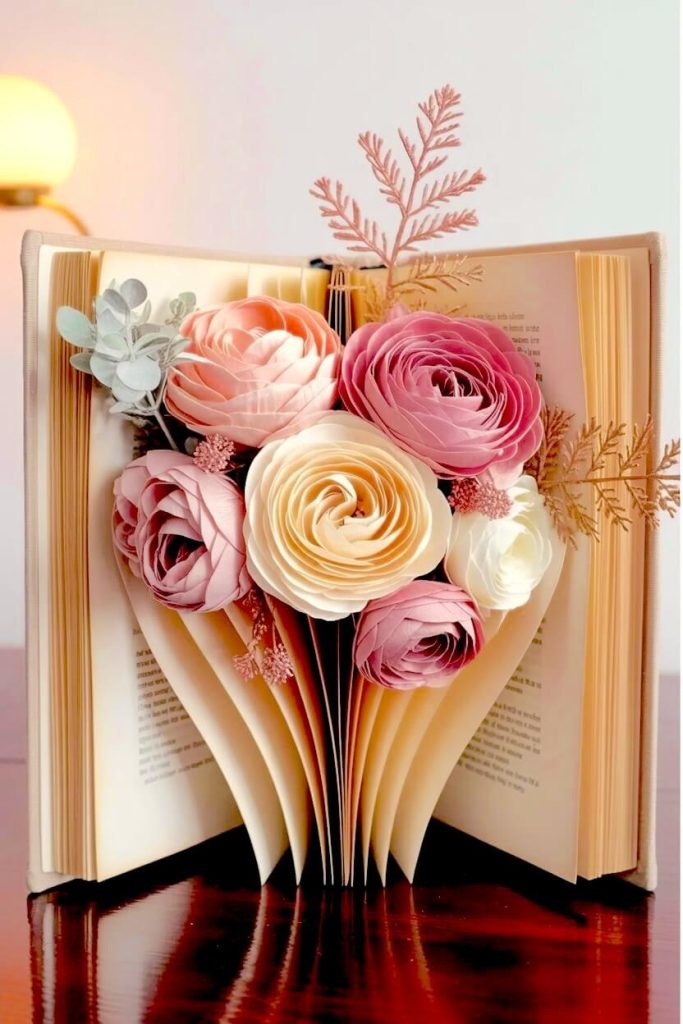 An open book standing upright with pages folded to mimic a vase holding a large bouquet of pink and cream paper roses for creative book centerpiece ideas.
