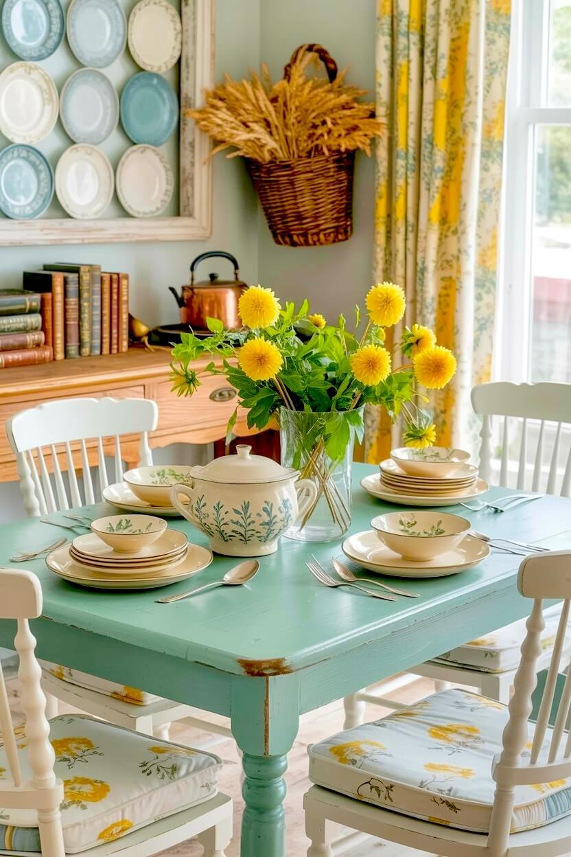 Yellow flowers in glass vase decorate mint green wooden table paired with white spindle chairs and floral cushions in a rustic dining space.
