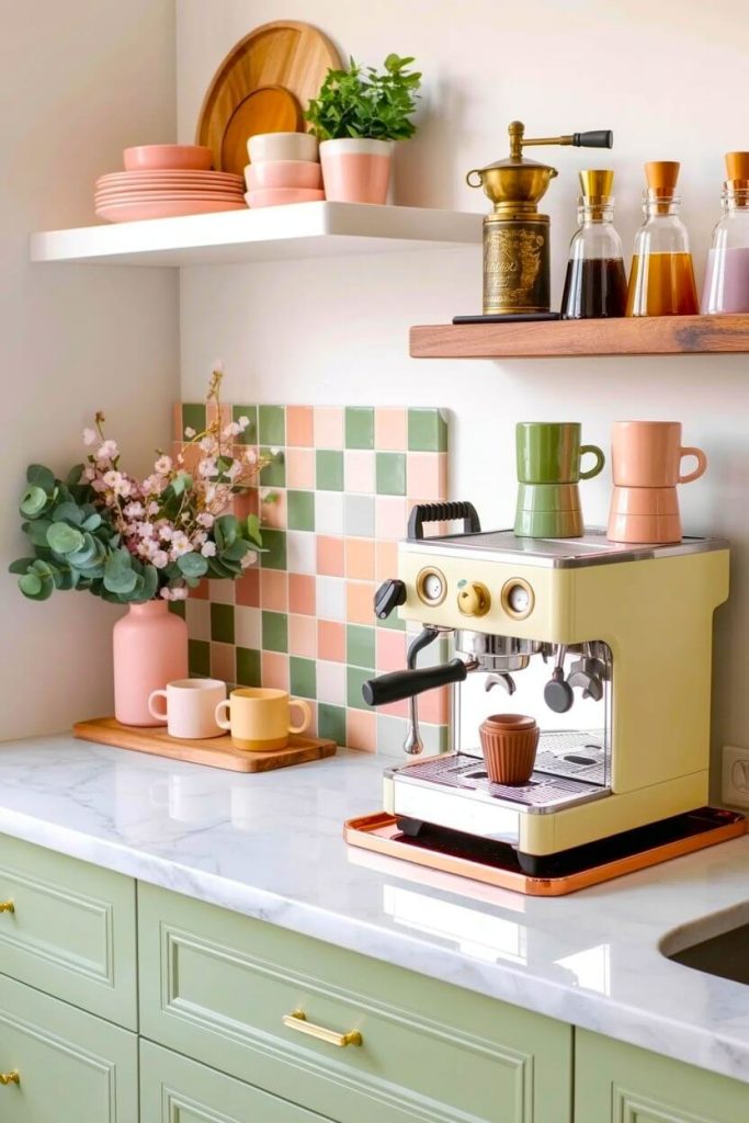 A soft yellow espresso machine sits on white marble countertops against pastel pink and green checkered tiles for home coffee station inspiration.