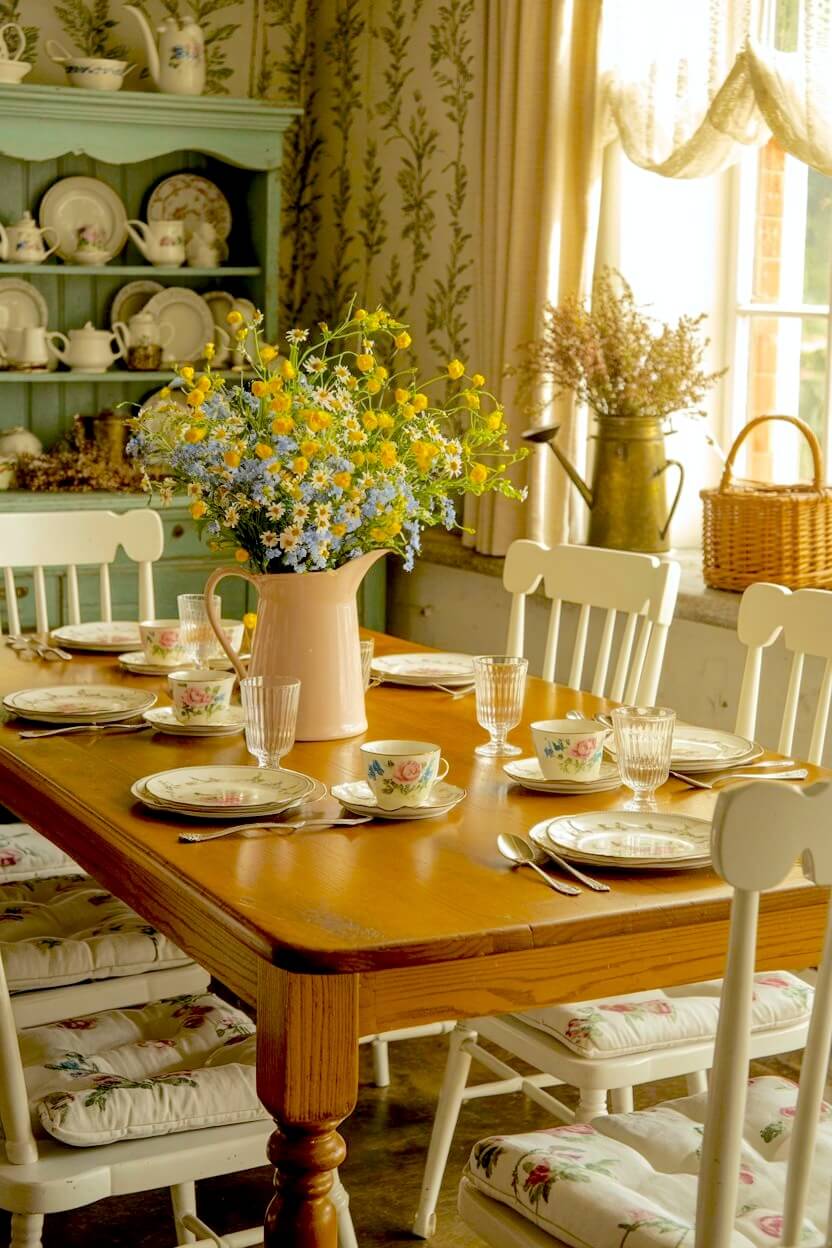 Pink pitcher with yellow and blue wildflowers rests on wooden table set with floral teacups and plates in cozy country kitchen table setup.