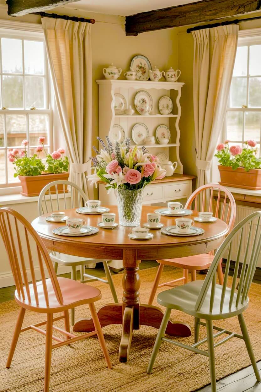 Round wooden table holds crystal vase of pink roses surrounded by pastel chairs and white china hutch for vintage floral dining inspiration.