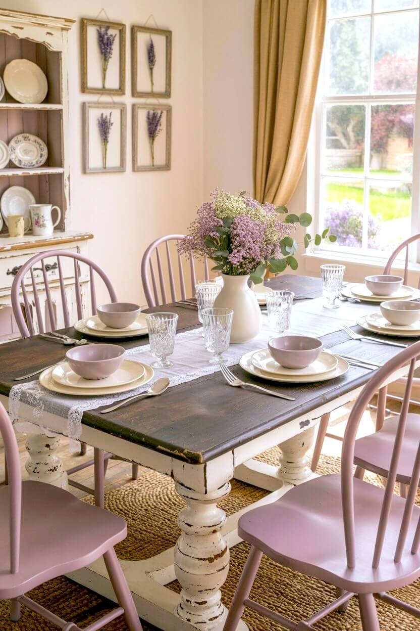 Muted lavender chairs surround dark wood farmhouse table decorated with purple flowers and white lace runner for aesthetic cottage dining nook.