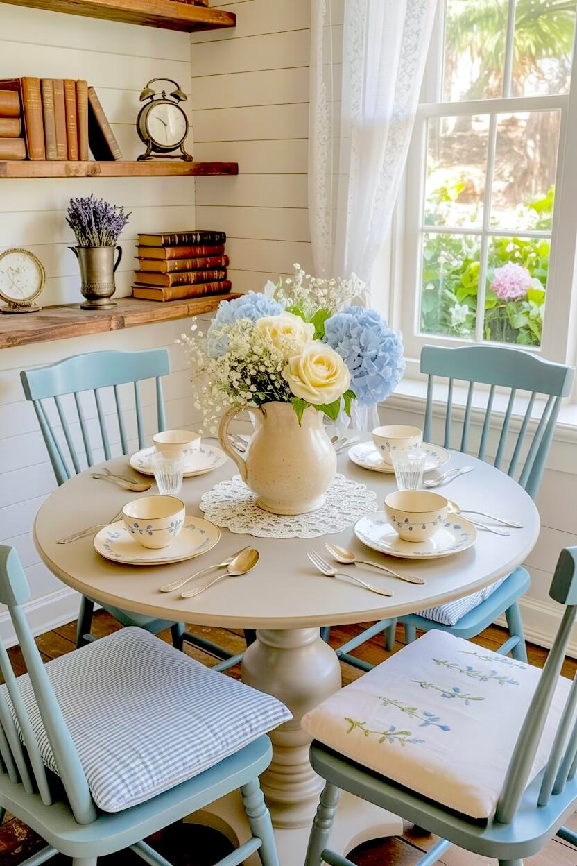 Blue spindle chairs with striped pads sit around grey table holding white roses and blue hydrangeas in stoneware pitcher by a shiplap wall.