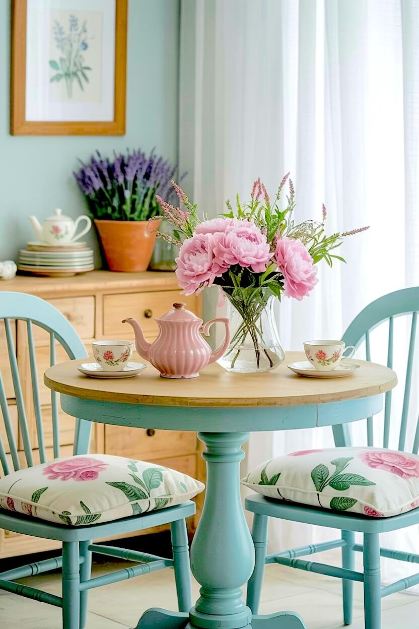 Pink peonies and fluted pink teapot rest on teal pedestal table with floral rose cushions in a whimsical tea party setting with lace curtains.