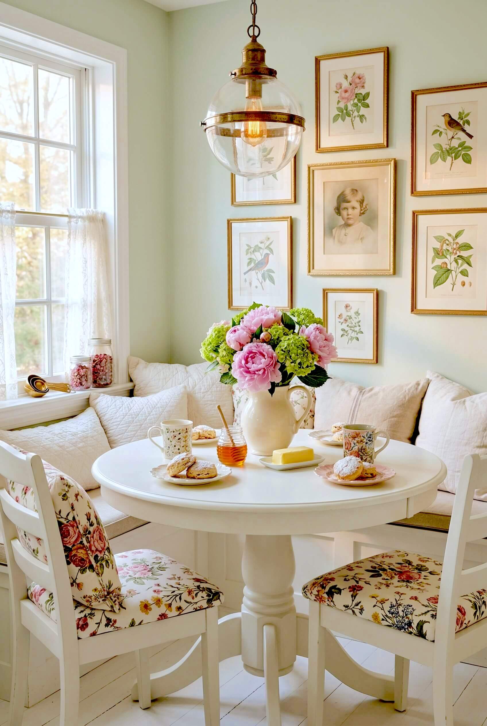 White breakfast nook features botanical art on wall and table set with scones and pink peonies for cozy farmhouse breakfast corner looks.