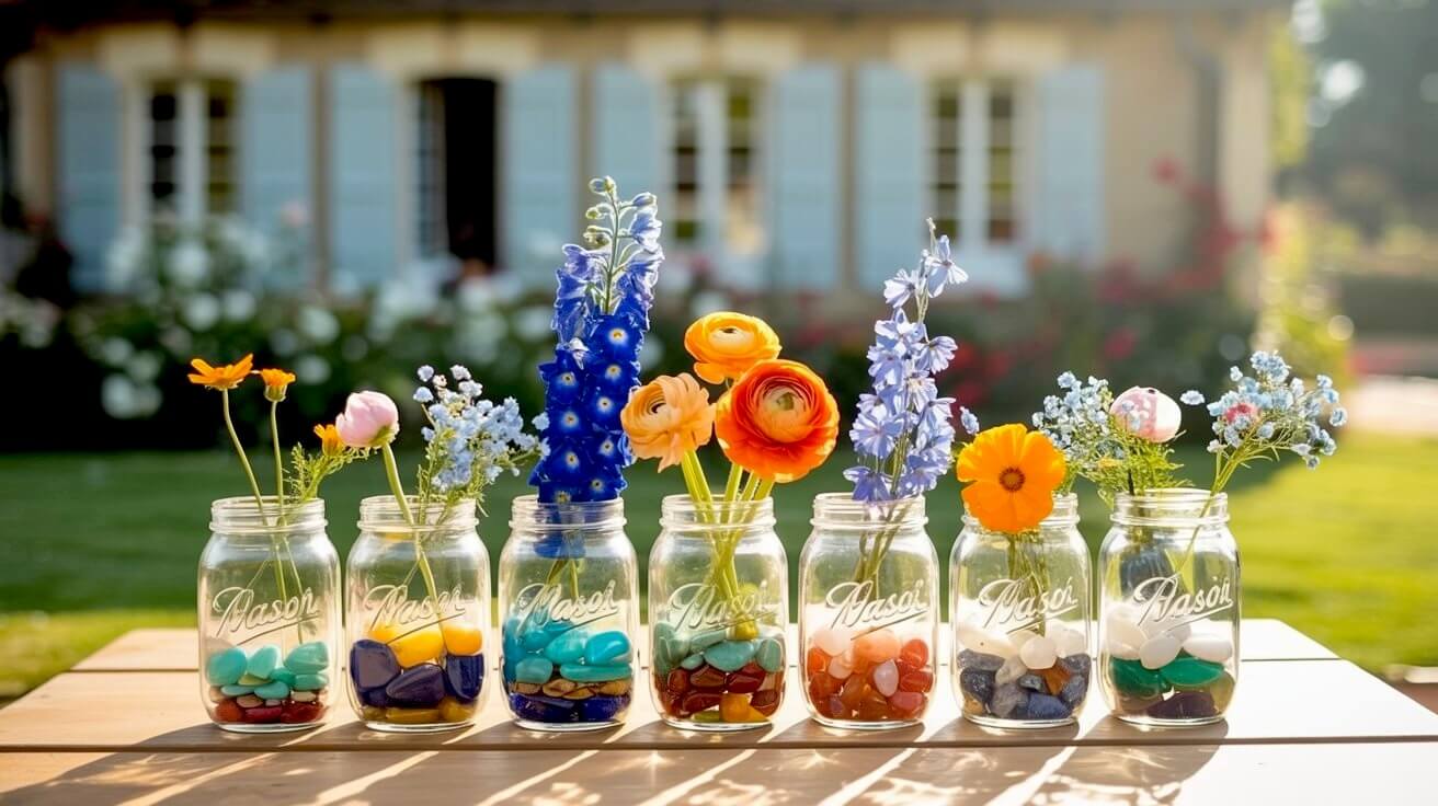 Seven clear glass jars lined with colorful river stones holding vibrant blue and orange wildflowers as beautiful outdoor mason jar flower centerpieces.