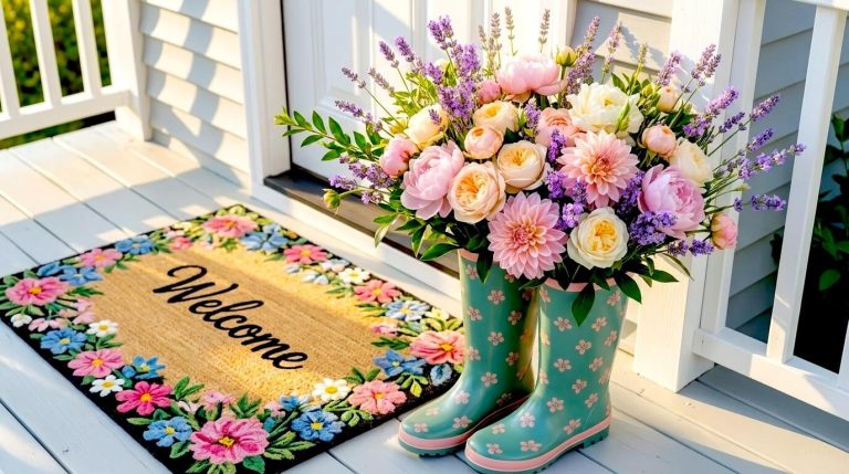 A bright front porch features a colorful floral welcome mat next to teal patterned rain boots filled with fresh pink blooms for summer home decor ideas.