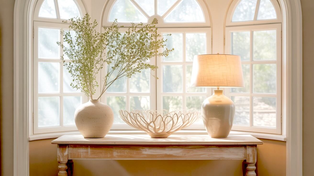 Sunlit bay window frames a distressed wood console holding an airy floral vase, a wire scalloped bowl, and a glowing ceramic lamp with a linen shade.