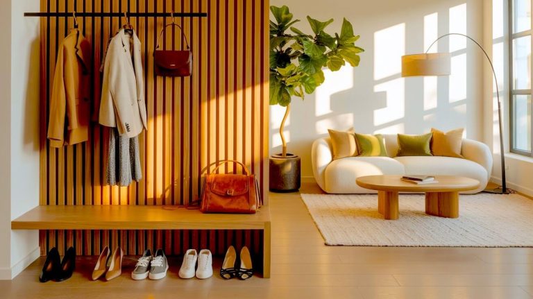 A vertical wood slat wall with an attached bench and hanging coats offers stylish entryway divider ideas separating a bright living room with a white sofa.