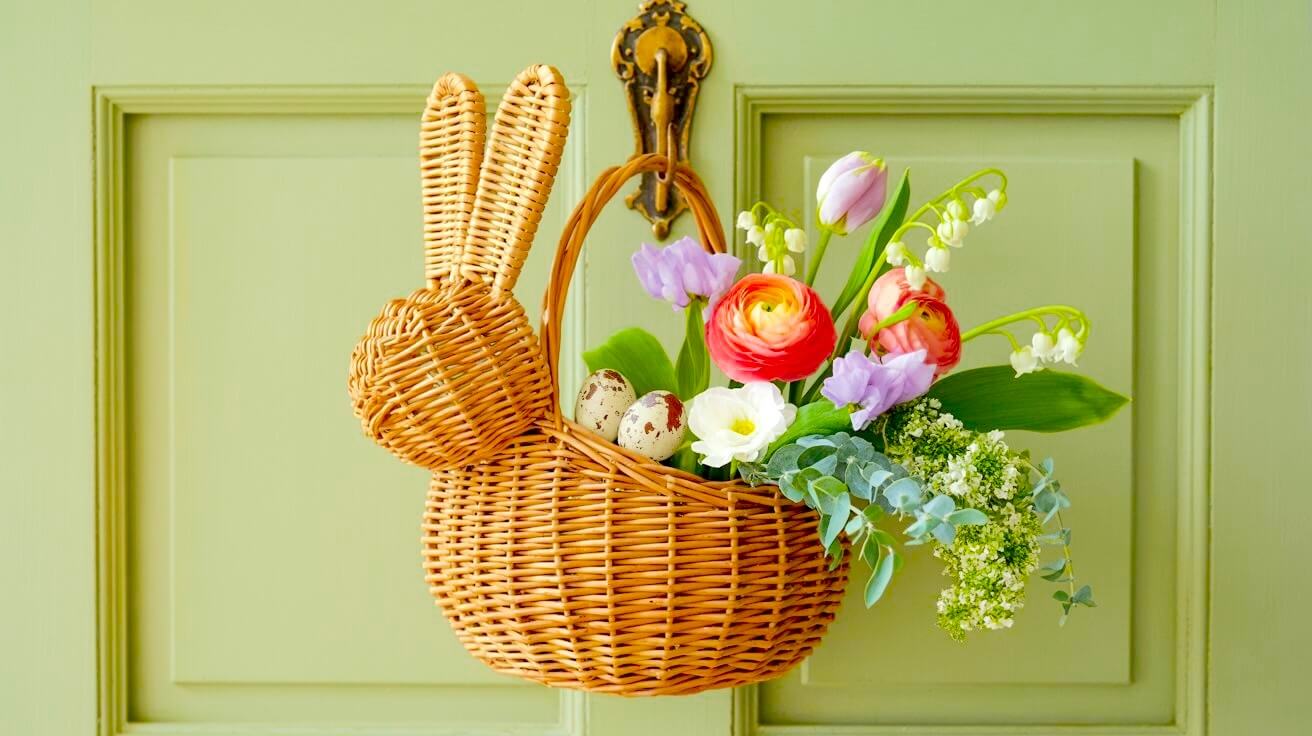 Wicker bunny basket hanging on a sage green door filled with red ranunculus, purple tulips, and speckled eggs for charming front door basket ideas.