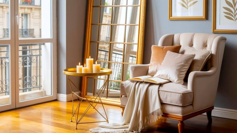 Beige tufted armchair with rust velvet pillows and an open book resting on a fringed blanket beside a gold mirror for cozy reading nook ideas.