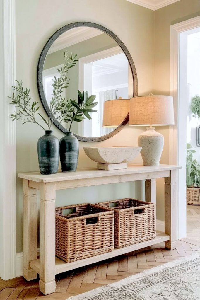 A light wood console holds two dark textured vases with olive branches beneath a round metal mirror, creating warm entryway table decor ideas.