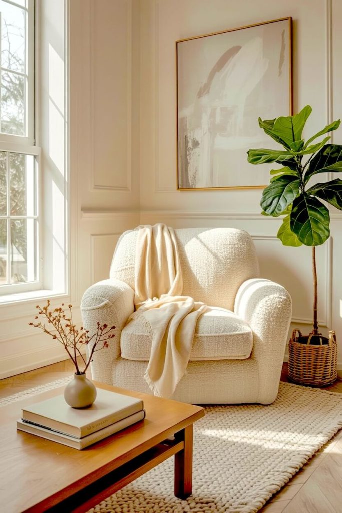 Plush white textured chair bathed in natural sunlight grounded by a large potted fiddle leaf fig tree for a warm aesthetic reading corner.
