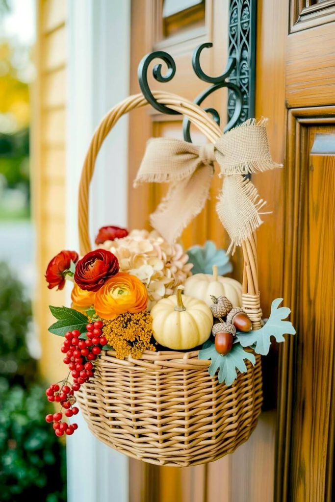Small white pumpkins and orange ranunculus flowers fill a wicker basket decorated with a burlap bow and acorns for autumn front door accents.
