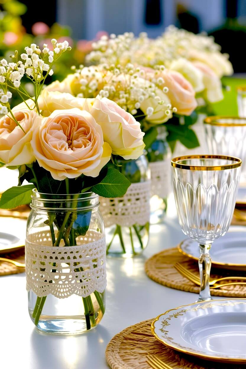 Soft peach roses and fresh green leaves arranged inside a glass jar adorned with a thick white crochet lace band for simple spring table styling.
