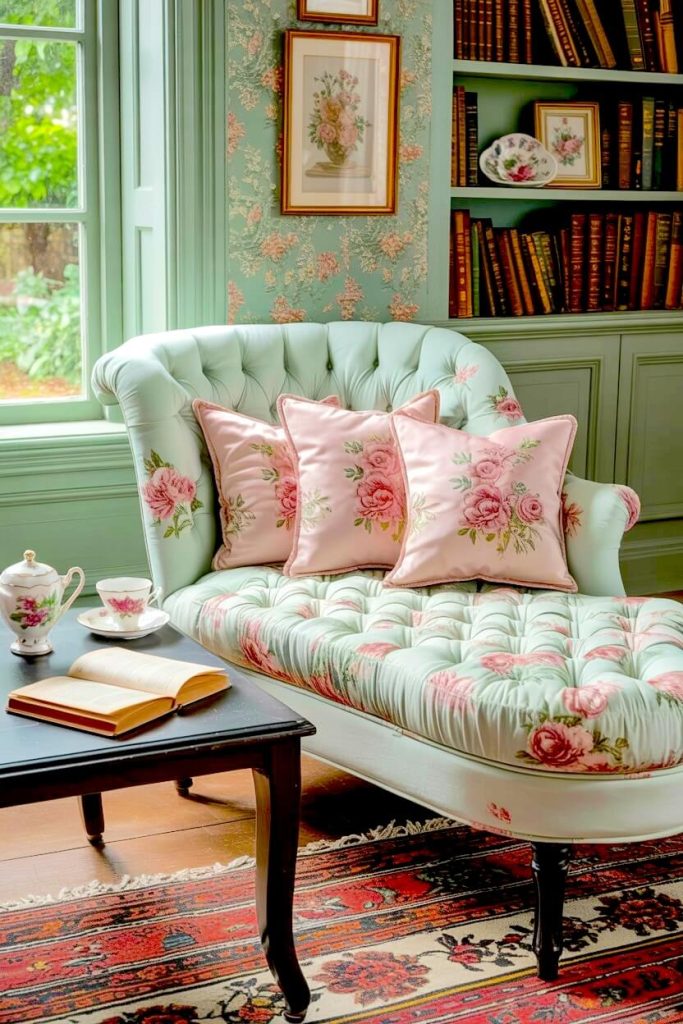 Mint green tufted chaise lounge featuring soft pink floral patterns placed next to matching green built in shelves for a cozy reading spot layout.