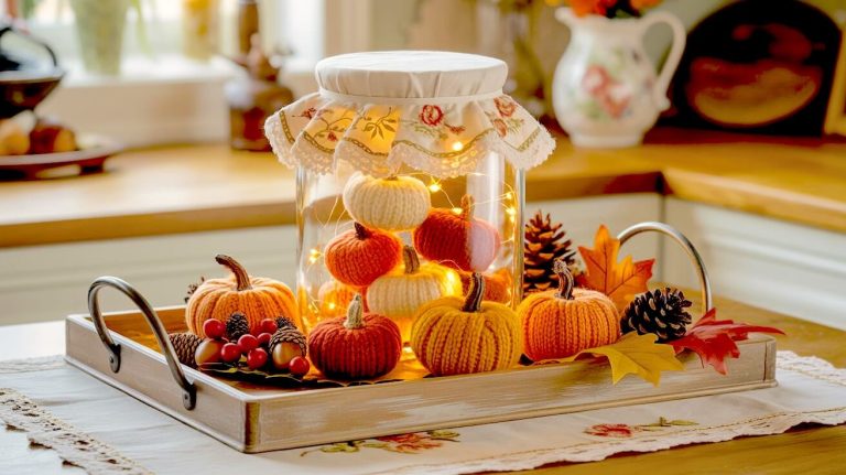 A rustic wooden tray holds a glass jar filled with warm fairy lights and soft knit pumpkins surrounded by autumn leaves for cozy fall tray decor ideas.