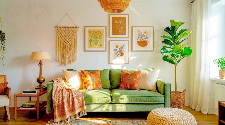 A sunlit living room features a bright green velvet sofa, a gallery wall of botanical prints, and a large macrame wall hanging to showcase vibrant boho home decor ideas.