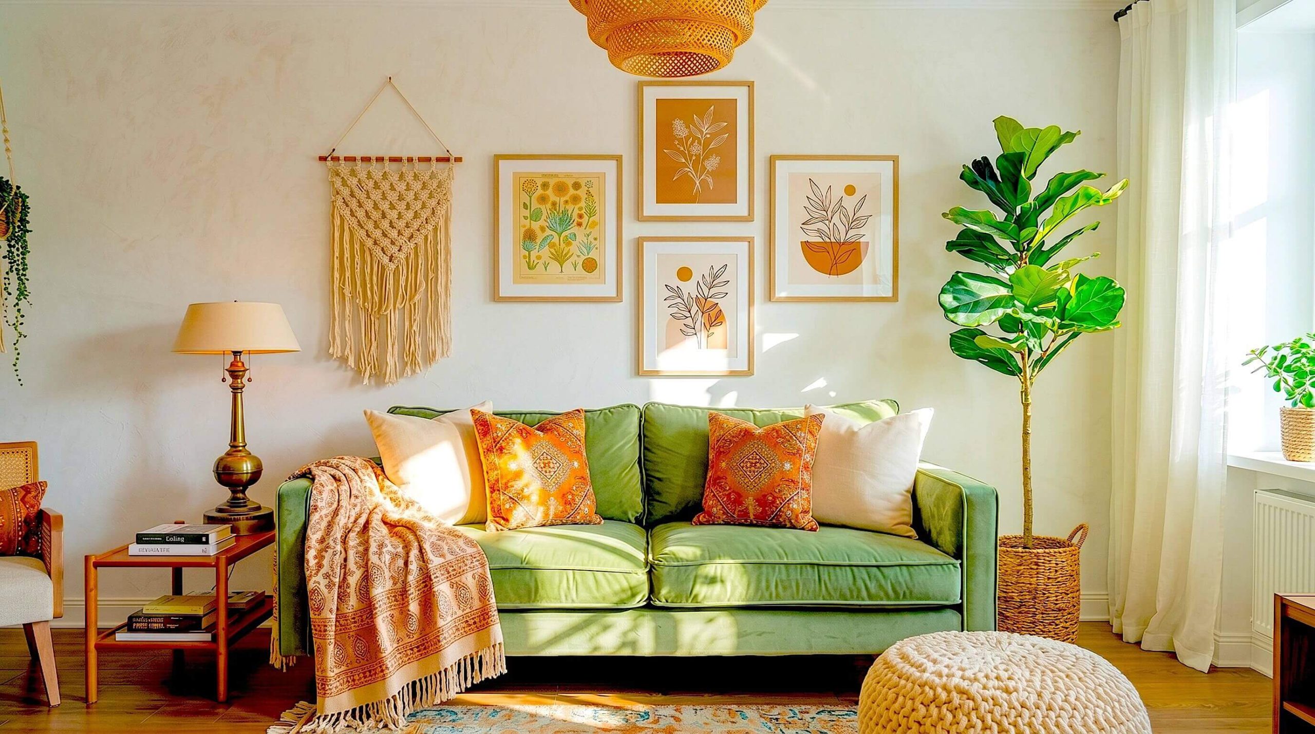 A sunlit living room features a bright green velvet sofa, a gallery wall of botanical prints, and a large macrame wall hanging to showcase vibrant boho home decor ideas.