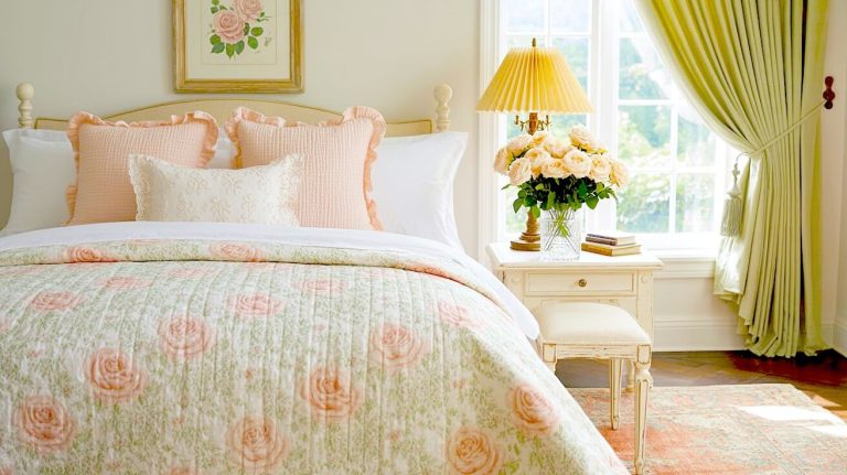 Bright bedroom displaying a soft pink rose quilt with matching ruffled pillows next to a vase of fresh peach roses showing elegant floral bedding ideas.