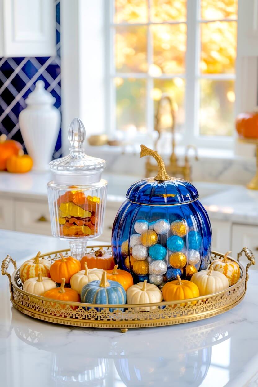 An ornate gold metal tray displaying a vibrant blue ribbed glass pumpkin jar filled with chocolate spheres surrounded by mini pumpkins for fall tray decor ideas.