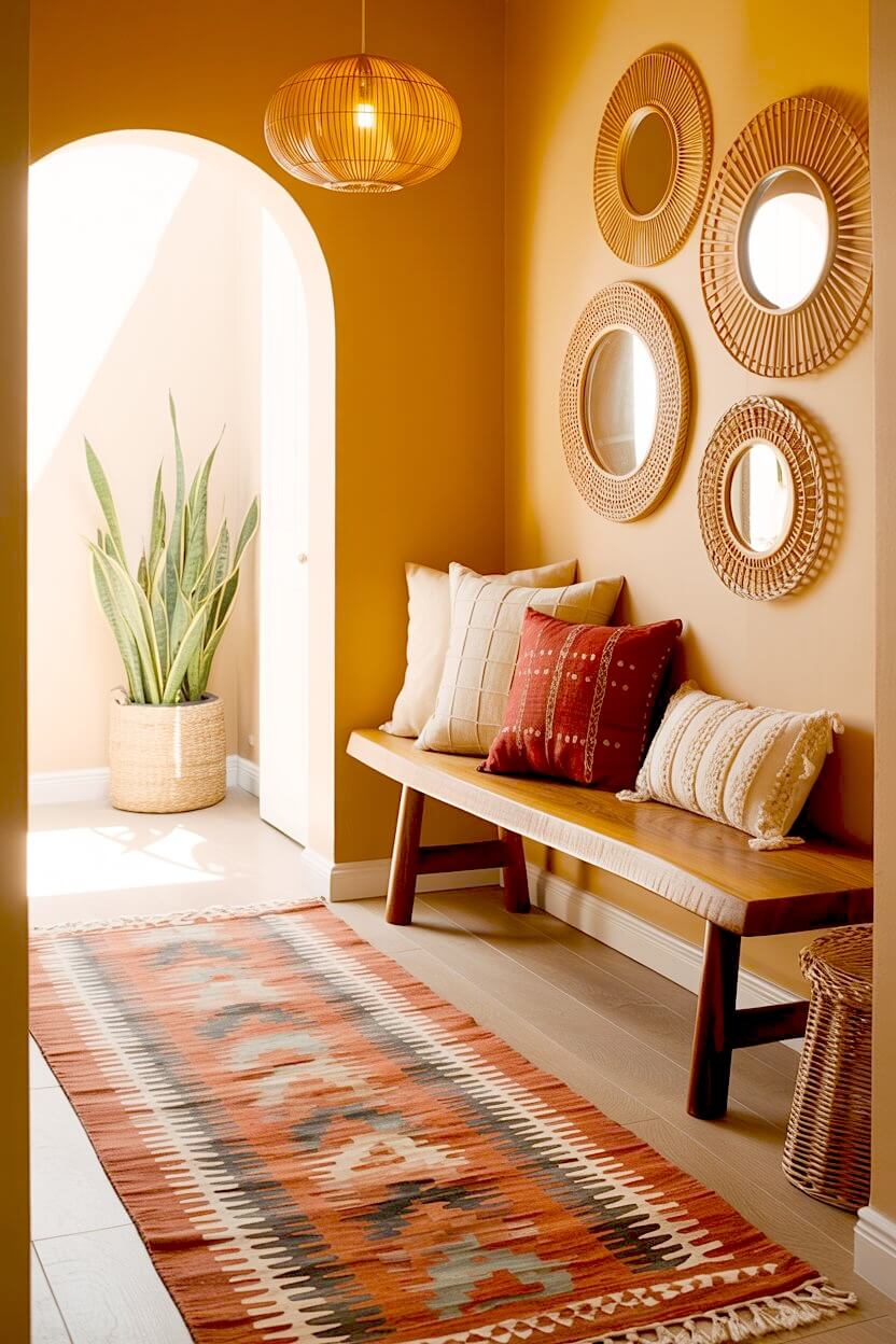 This entryway features a vibrant orange wall decorated with three round rattan mirrors over a rustic wood bench to inspire your boho home decor ideas.