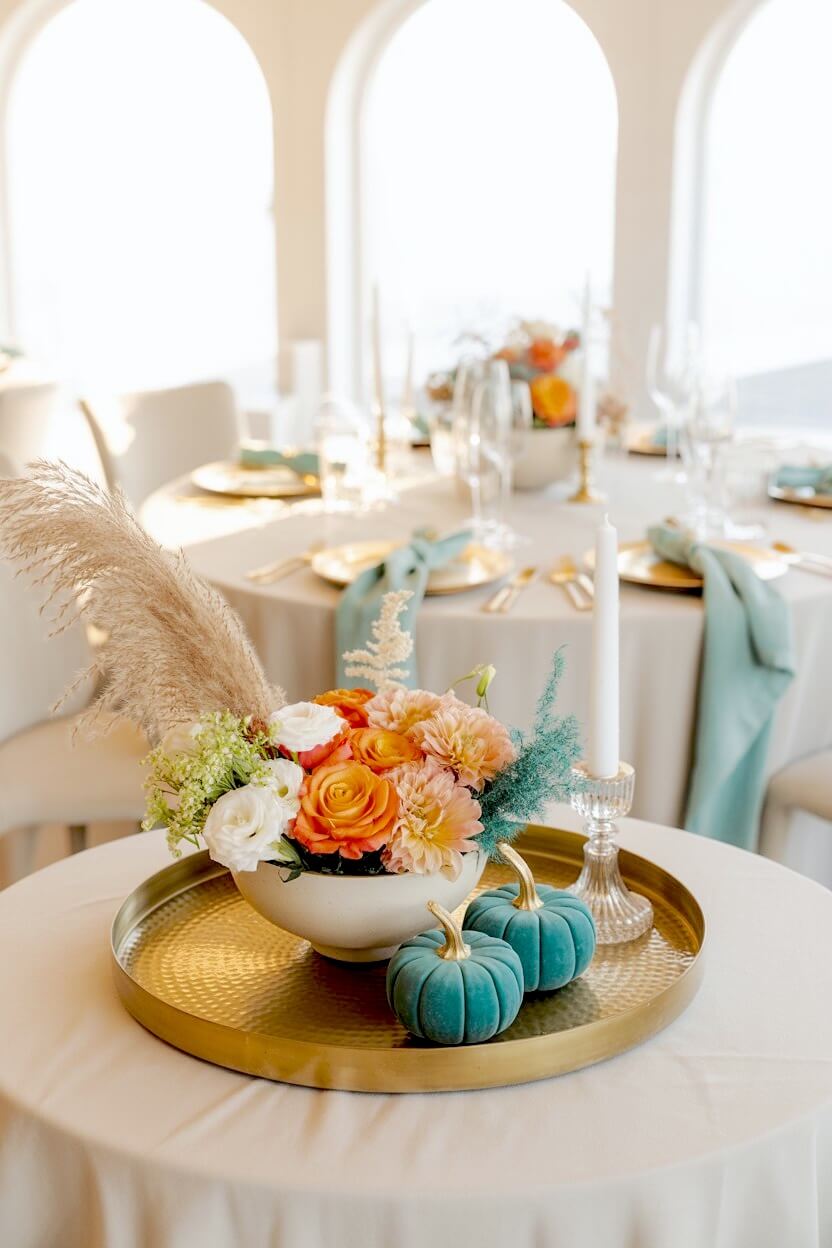 A modern matte gold tray placed on a round table holds a bowl of vibrant orange roses and dahlias next to rich teal velvet pumpkins for fall table decorations.