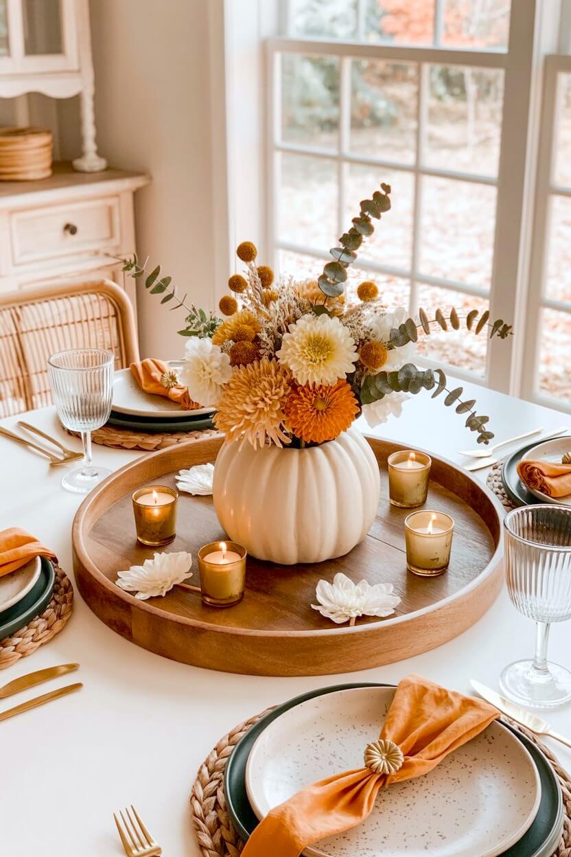 A round wood tray holds a white ceramic pumpkin vase filled with orange mums and dried florals beside warm amber glass votive candles for autumn table styling.
