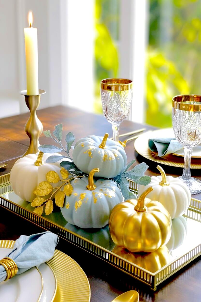 A mirrored rectangular tray displays light blue ceramic pumpkins detailed with gold leaf alongside shiny gold pumpkins for chic fall tabletop decoration.