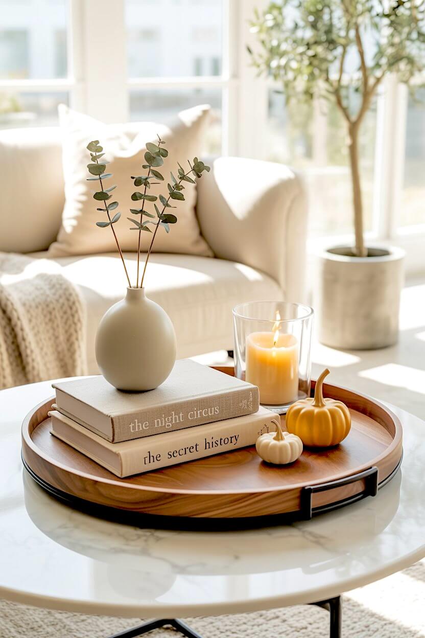 A round wood tray with black handles rests on a marble table holding two neutral books beneath a small vase of eucalyptus leaves for autumn coffee table ideas.
