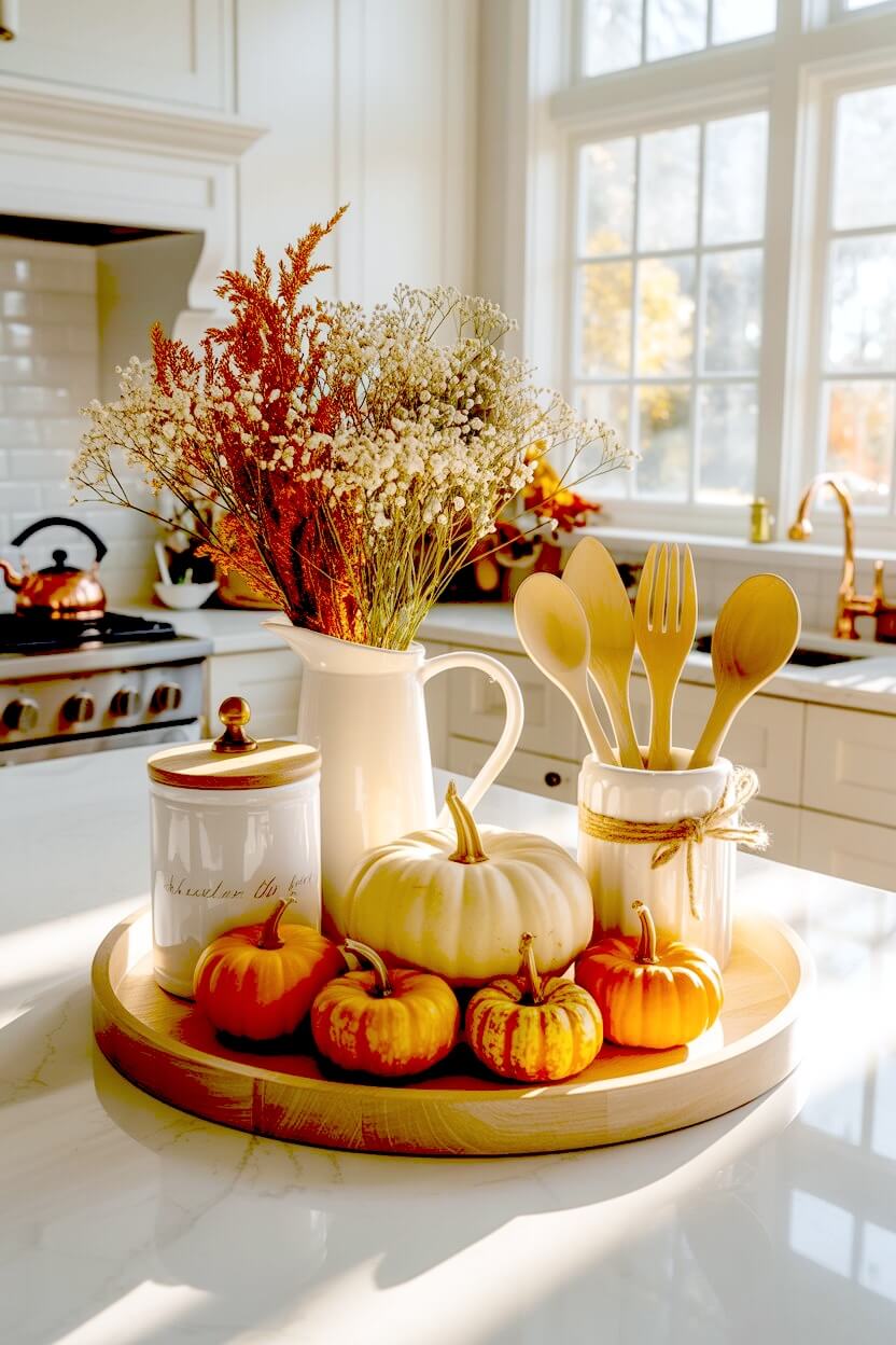 A round wood tray on a marble counter holds a white pitcher of dried botanicals beside bright orange pumpkins and wooden spoons for fall kitchen island decor.