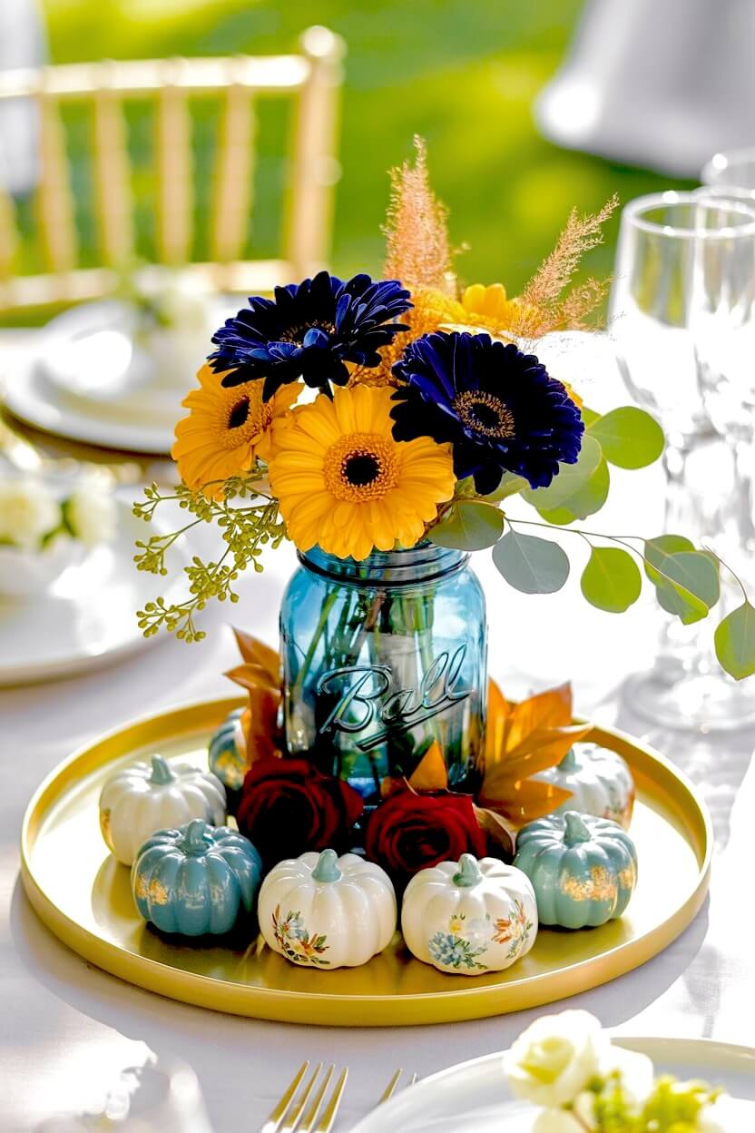 A gold tray holds a blue glass mason jar with yellow daisies and dark blue flowers surrounded by ornate patterned painted pumpkins for autumn table decoration.