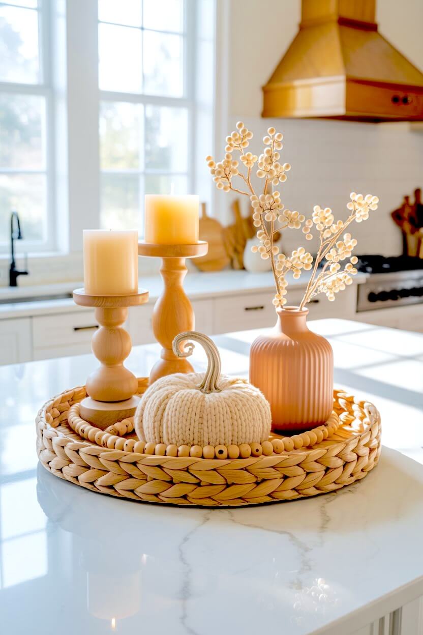 A braided rattan tray holds a chunky knit white pumpkin beside a textured terracotta vase filled with artificial white berries for cozy autumn room decorating.