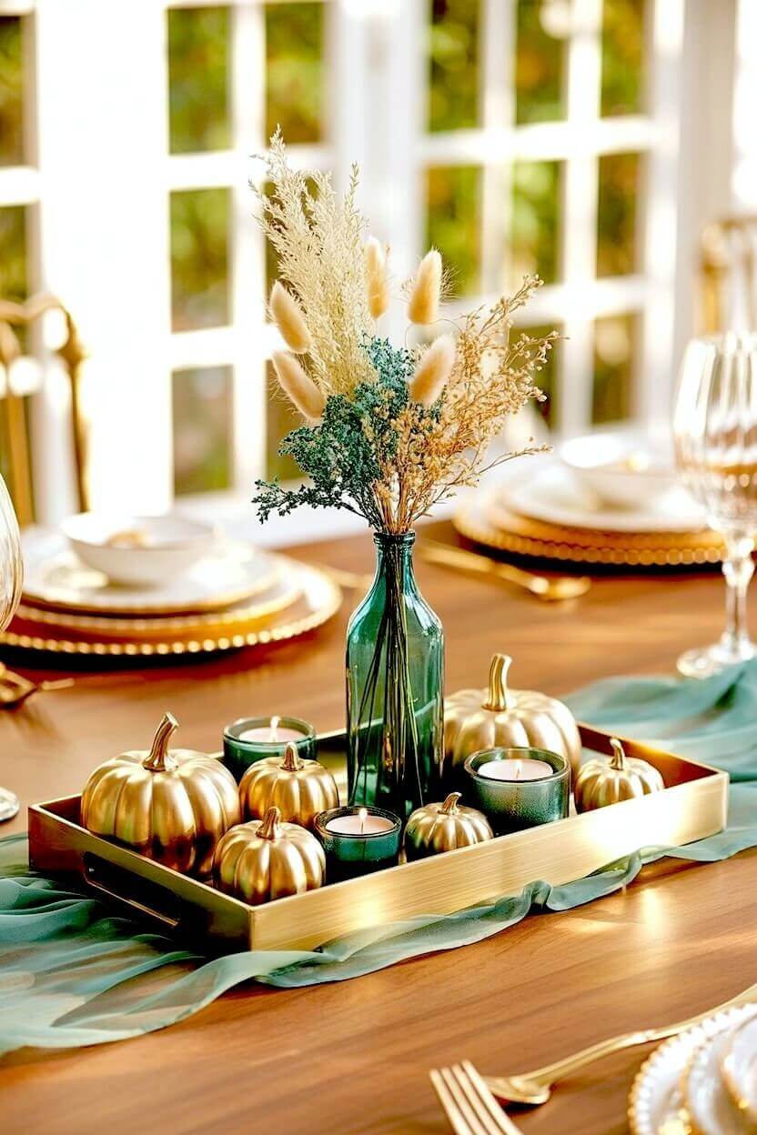 A brass tray holds a green glass bottle of dried bunny tails surrounded by metallic gold pumpkins and green glass candles for elegant autumn tabletop styling.