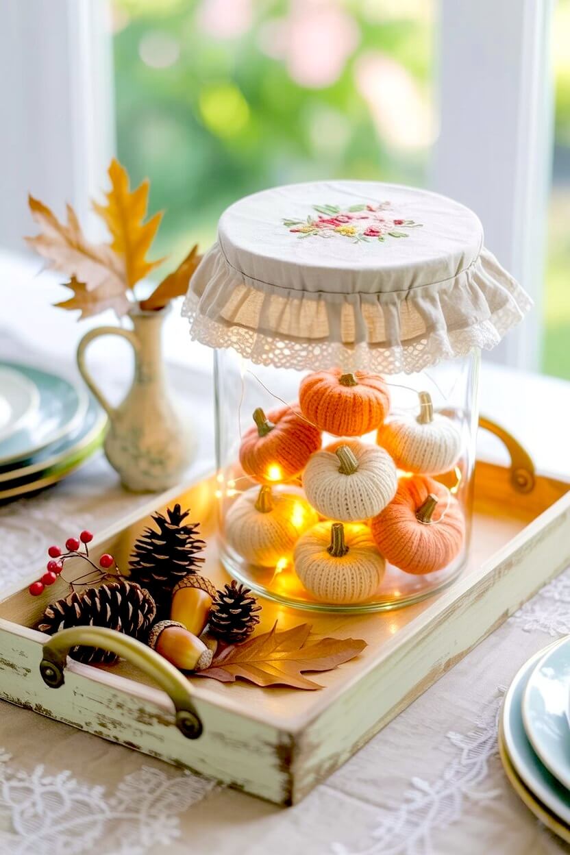 A rustic whitewashed wooden tray holds a large glass jar filled with soft knit pumpkins illuminated by warm fairy lights for beautiful autumn tray inspiration.