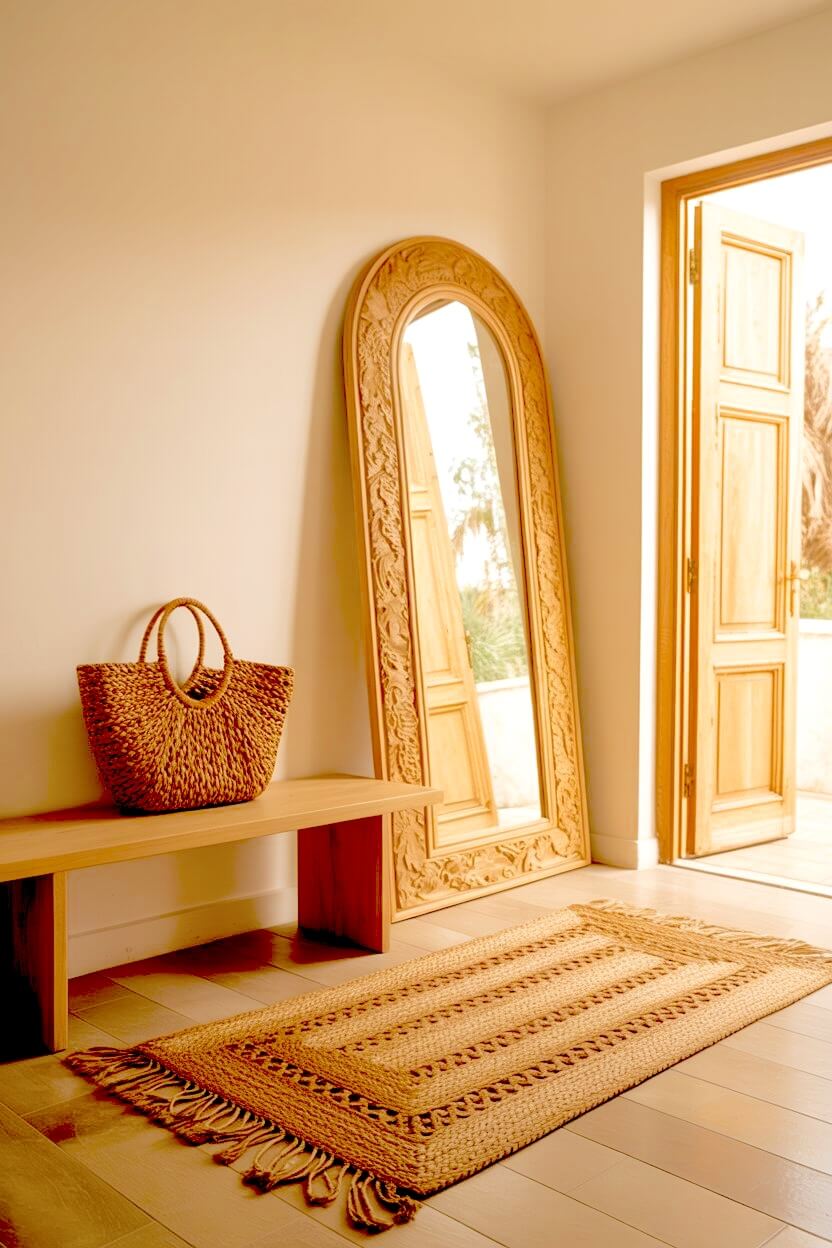 A large ornate wooden mirror leans against a cream wall next to a simple wood bench with a woven tote bag for natural bohemian interior inspiration.
