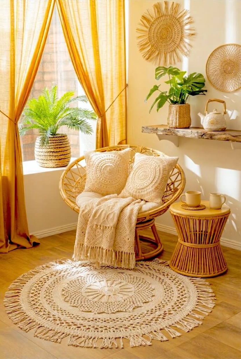 A round rattan papasan chair with textured cream pillows sits on a fringed circular rug beside a small side table and bright window for boho room styling.