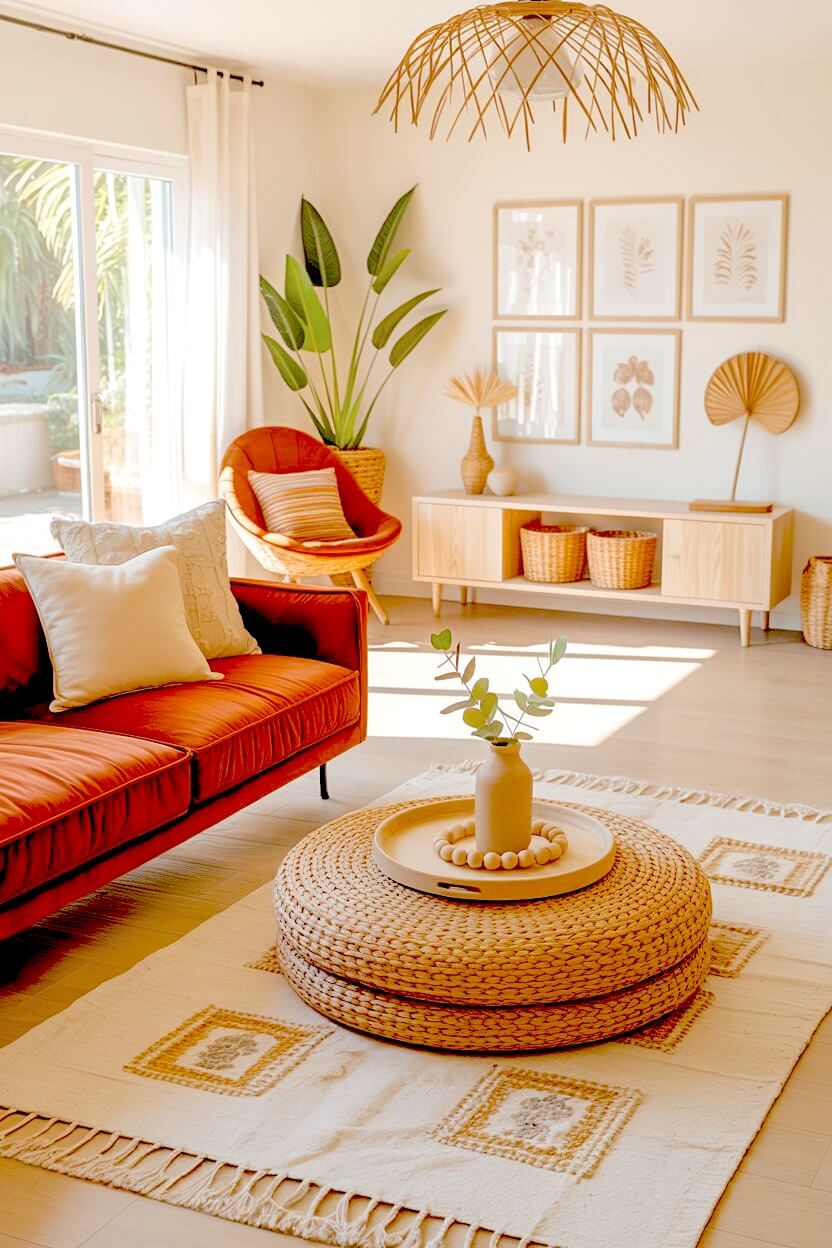 A comfortable orange velvet couch sits in a bright living room beside a large woven round floor pouf and a light wood media console for eclectic styling.