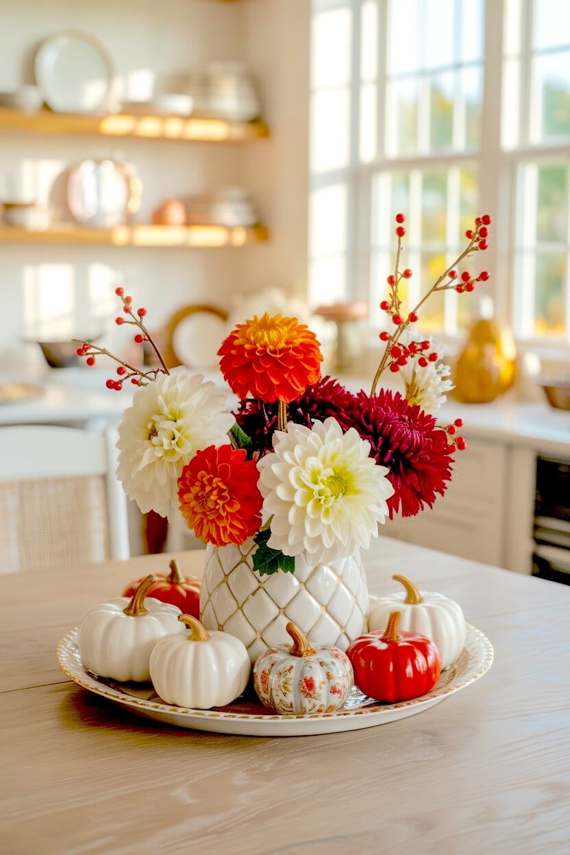 A textured white ceramic vase holding bright red and white dahlias sits on a decorative tray surrounded by ceramic painted pumpkins as a fall table centerpiece.