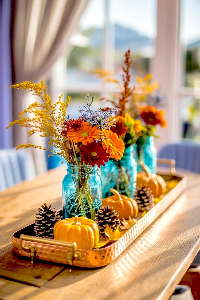 Orange and red daisies inside blue glass mason jars sit on a hammered copper tray with natural pinecones and small yellow pumpkins for autumn table decorations.
