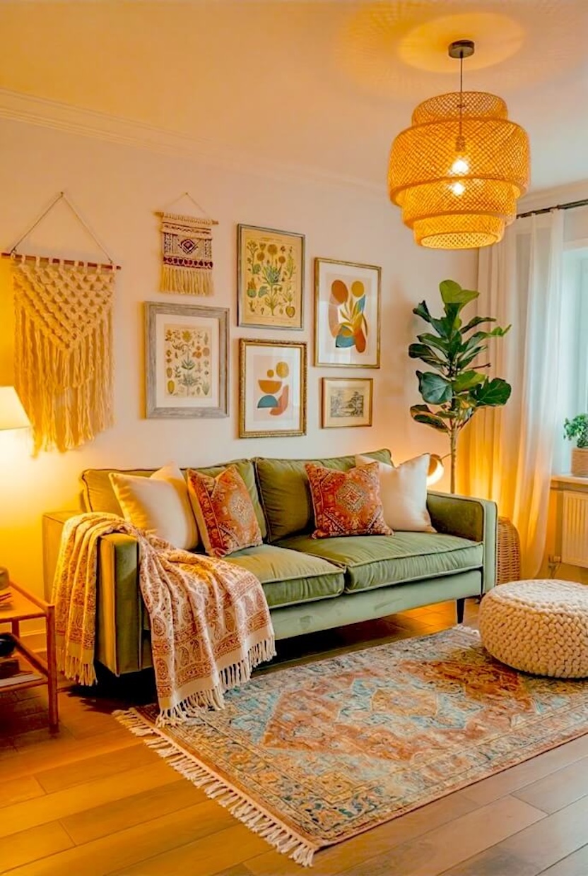 A dark green velvet couch rests under a gallery wall of botanical art prints and a large cream macrame wall hanging in a cozy bohemian room arrangement.