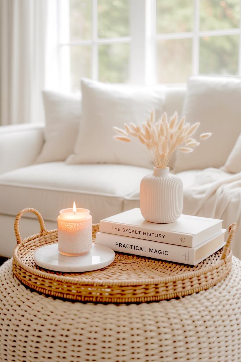 A round woven rattan tray on a textured pouf displays a glowing white candle next to a ribbed ceramic vase filled with soft bunny tails for seasonal tray decor.