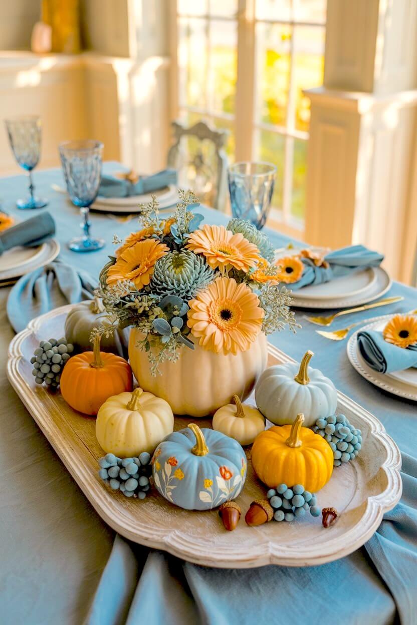 A scalloped whitewashed wood tray holds a pumpkin vase filled with peach gerbera daisies surrounded by light blue painted pumpkins for fall dining room decor.