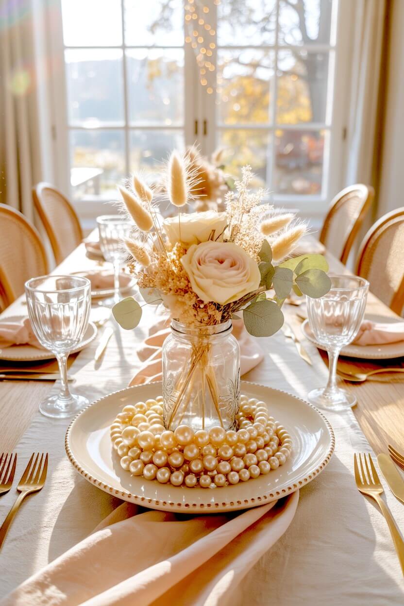 A simple glass jar holding soft pink roses and dried bunny tail grasses sits inside a thick ring of oversized glossy pearls for lovely autumn centerpiece ideas.