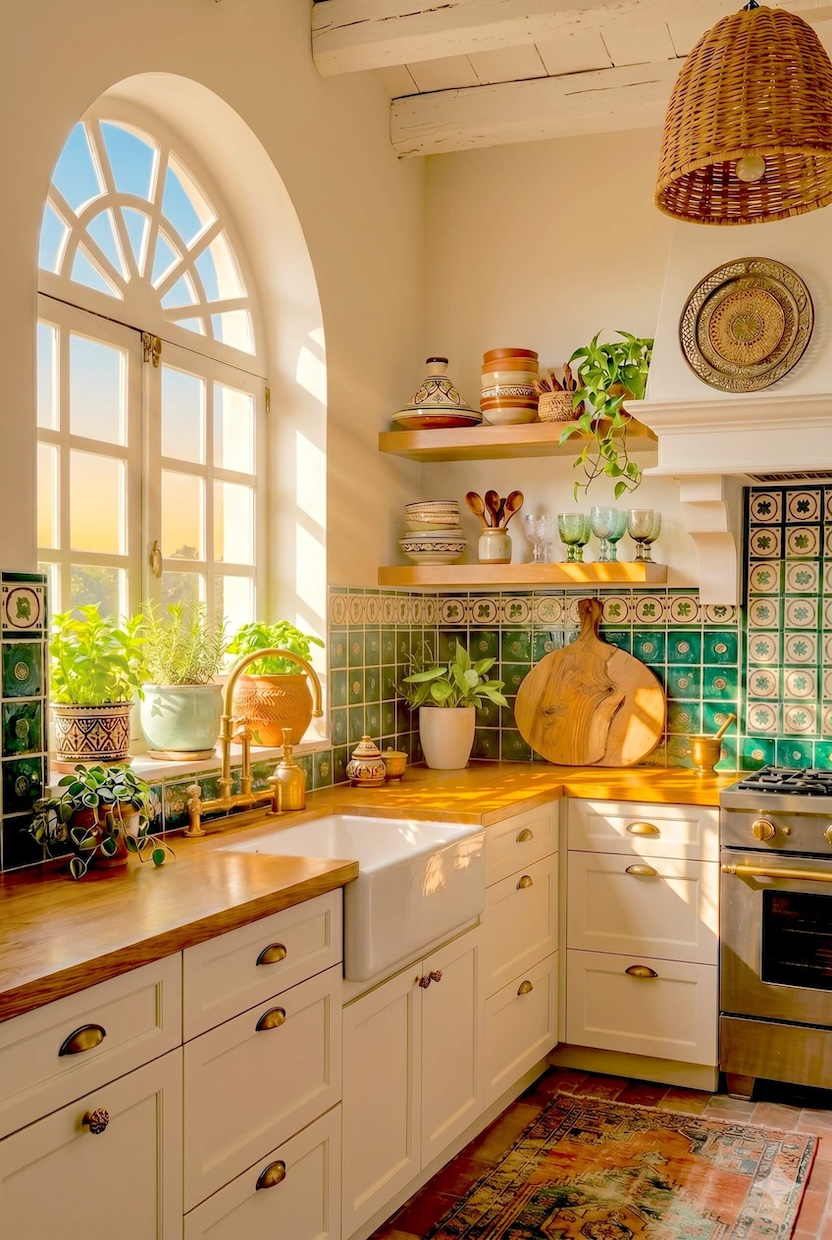 A deep white ceramic sink sits flush with smooth wooden countertops surrounded by green patterned tile and potted green herbs in a rustic vintage kitchen.
